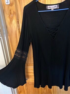 Anthropologie Oona & Maud Black Lace-Up V-Neck Bell Sleeve Top